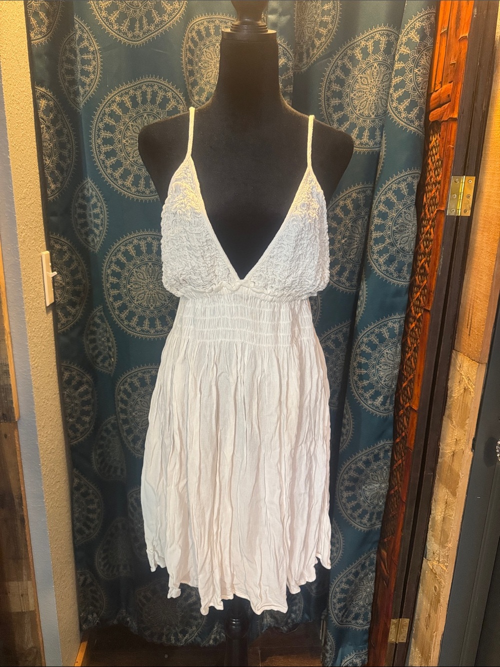 Salty Lemon White Gauze Smocked Bodice Spaghetti Strap Sundress